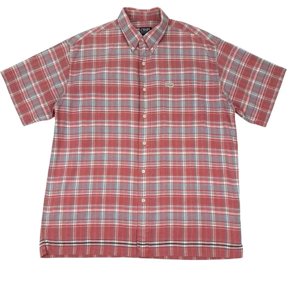 Chaps Ralph Lauren Plaid Button-Up Shirt Hemp Cotton Coral 90s Y2K Large